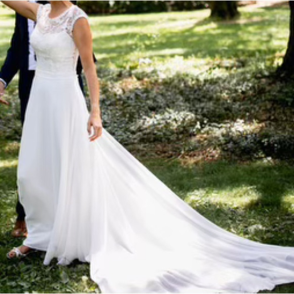 Mon Cheri Stylish, Modest and Elegant Ivory/Nude Wedding Dress